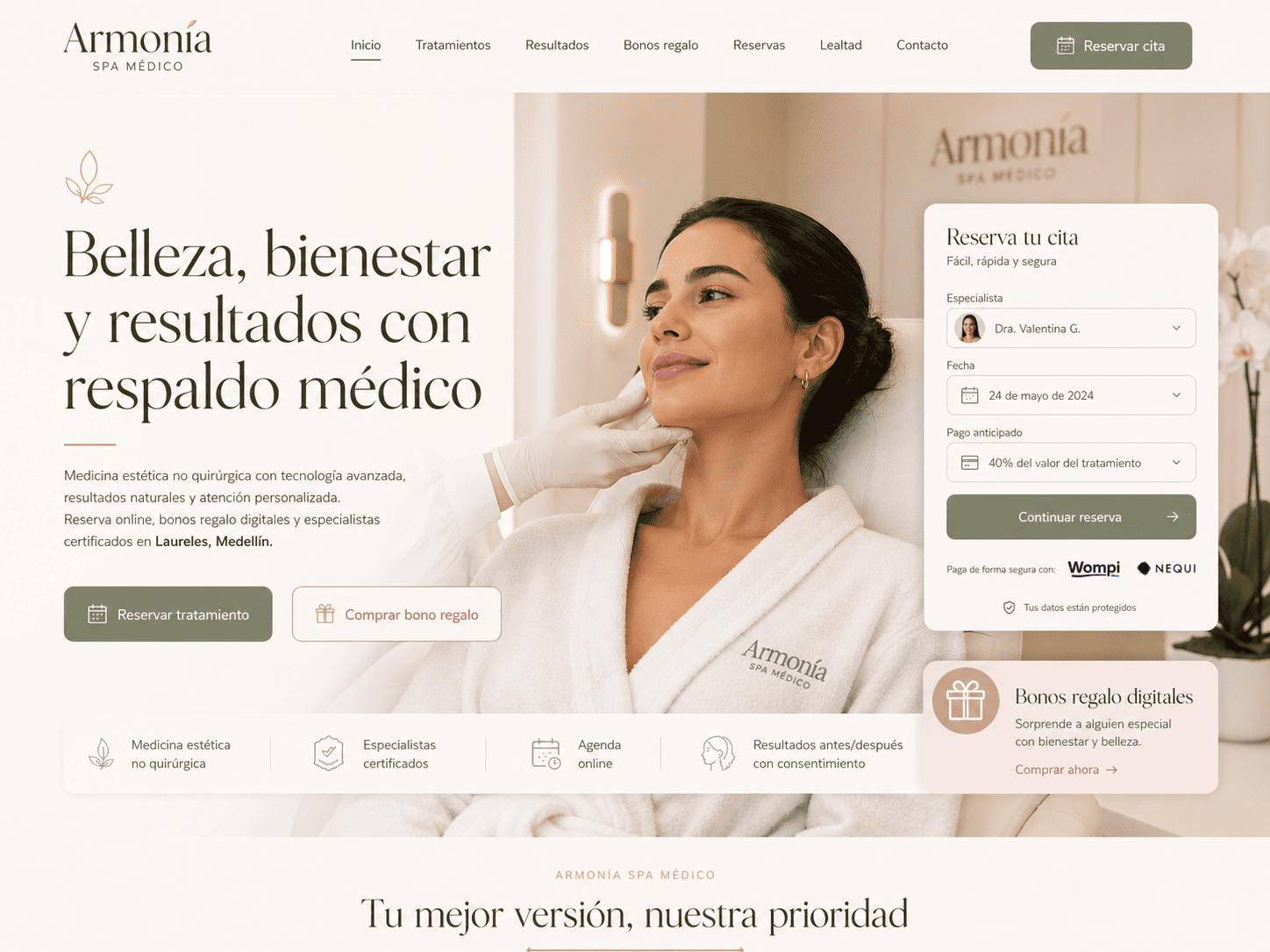 Armonía Spa Médico plataforma web para centro de bienestar con gift cards y reservas - SUBLIMAWEB