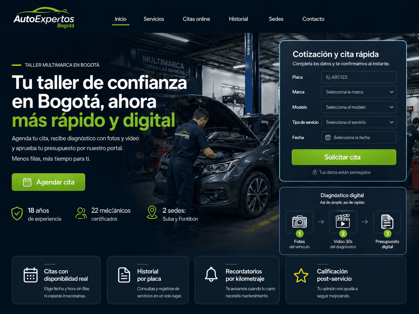 AutoExpertos Bogotá sitio web de conversión para taller automotriz con cotizaciones WhatsApp - SUBLIMAWEB